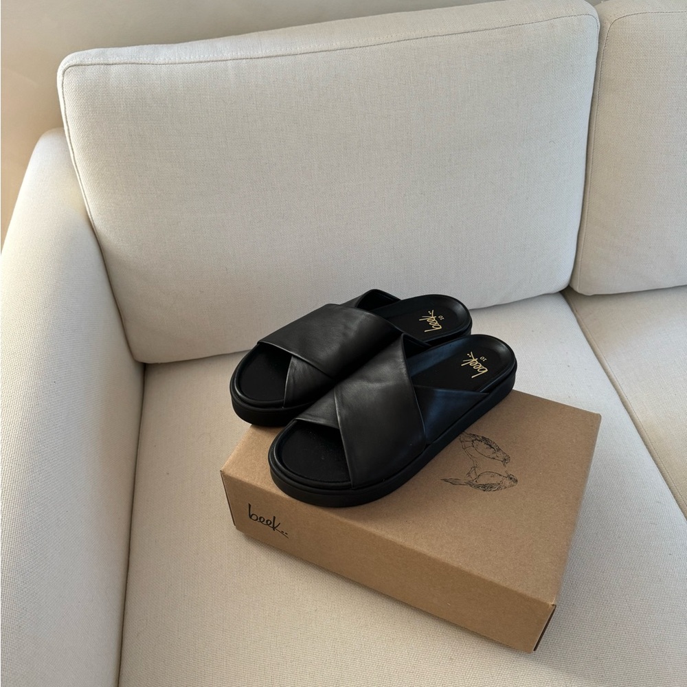 beek Black Cross-Strap Slide Sandals
